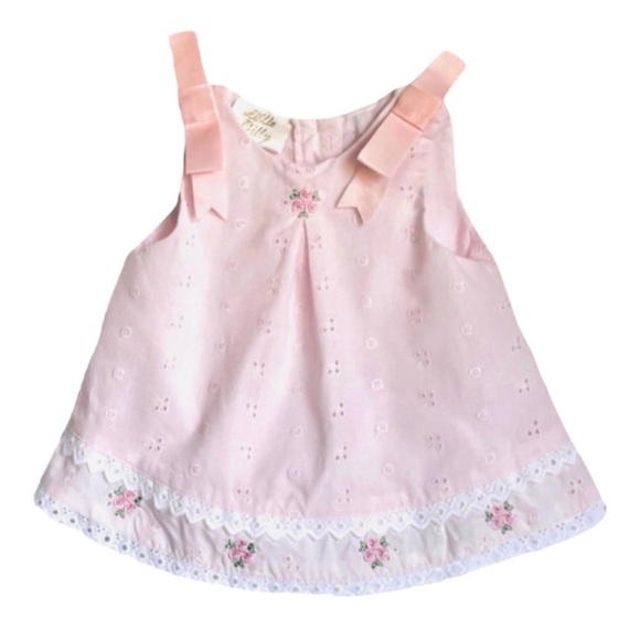 Little Bitty pink eyelet with roses, ribbon, sleeves sundress 3-6 month hairloom - Picture 1 of 5